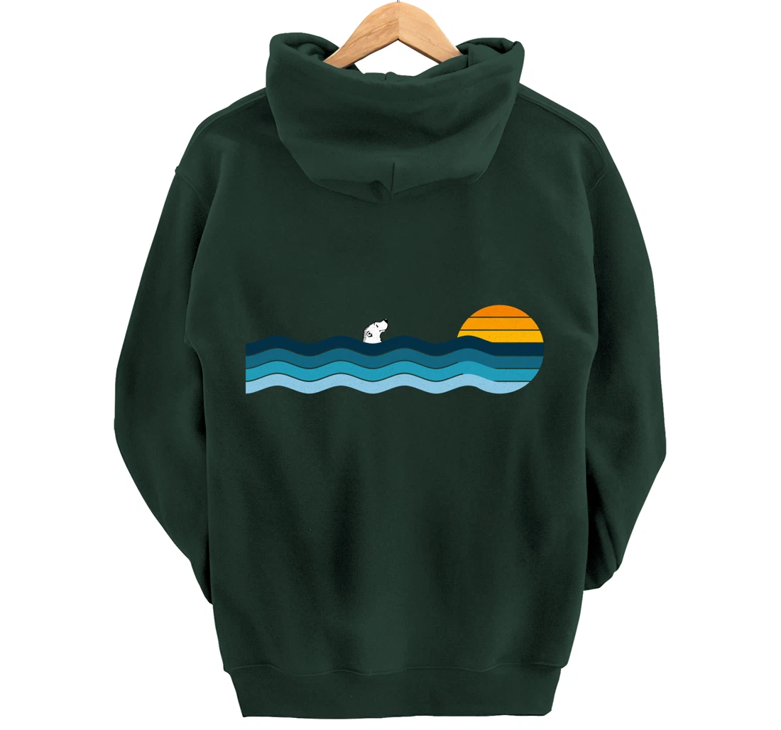 Polar Bear Alone In The Ocean - Vintage Retro Sunset Pullover Hoodie
