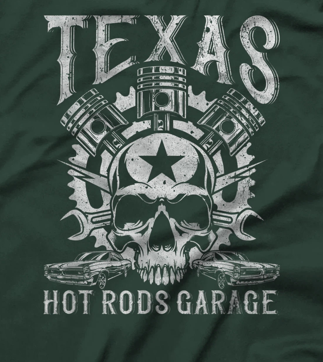 Distressed Texas Hot Rods Garage Muscle Car Pistons & Skull T-Shirt