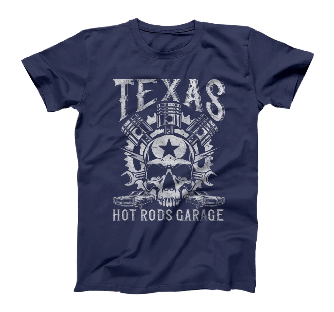 Distressed Texas Hot Rods Garage Muscle Car Pistons & Skull T-Shirt
