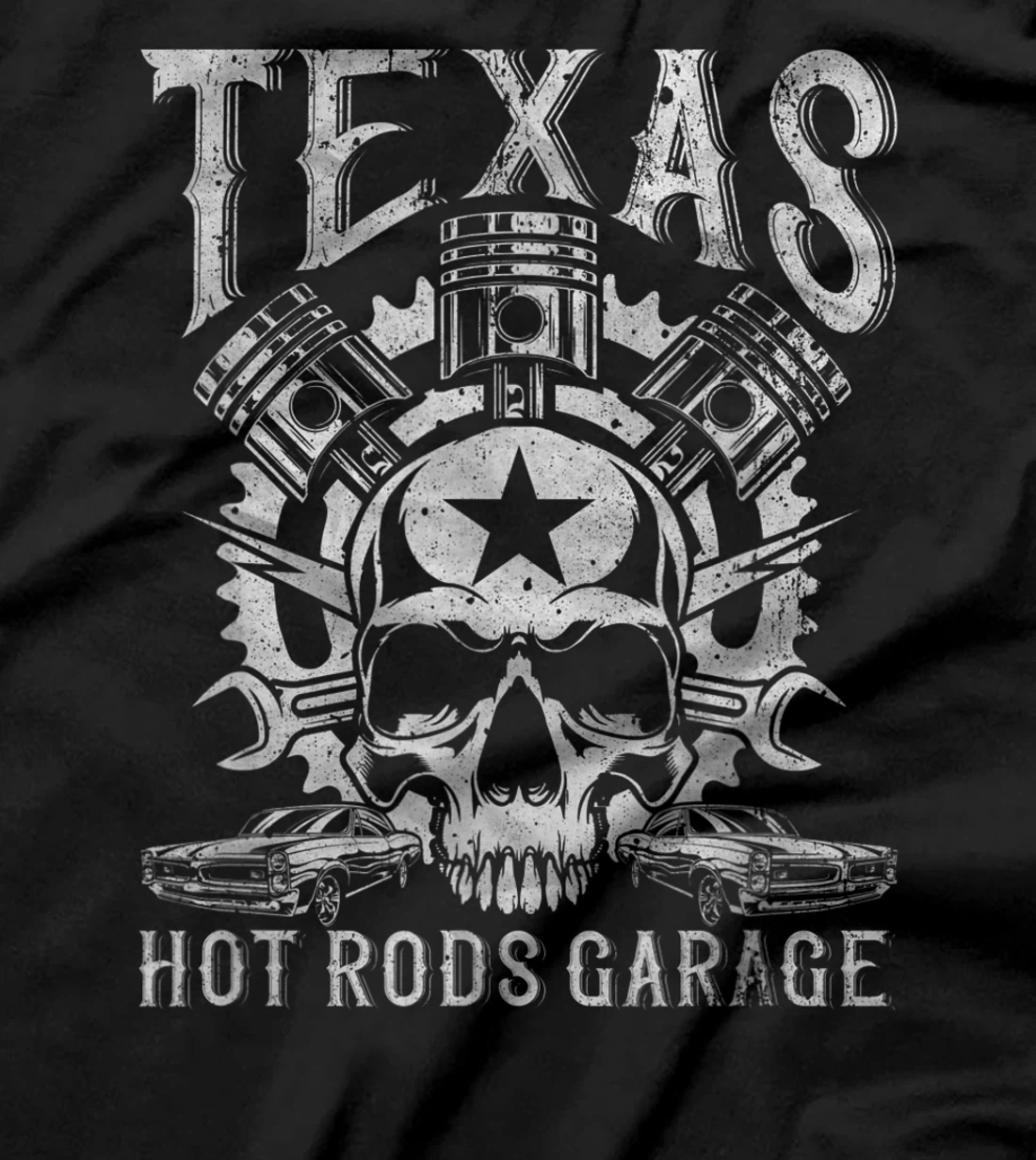 Distressed Texas Hot Rods Garage Muscle Car Pistons & Skull T-Shirt