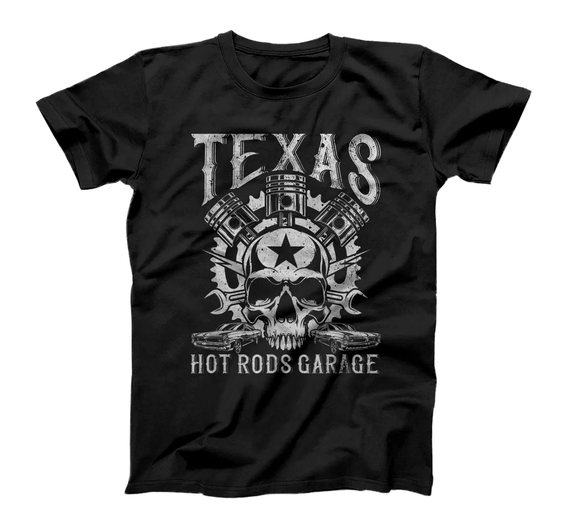 Distressed Texas Hot Rods Garage Muscle Car Pistons & Skull T-Shirt
