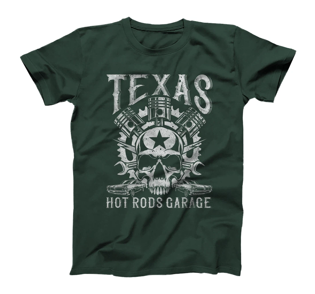 Distressed Texas Hot Rods Garage Muscle Car Pistons & Skull T-Shirt