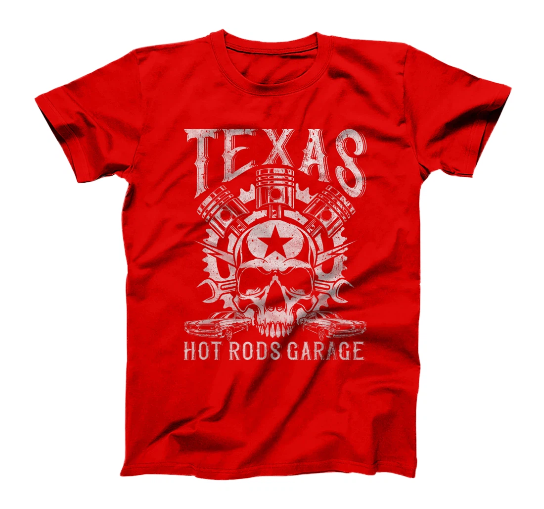 Distressed Texas Hot Rods Garage Muscle Car Pistons & Skull T-Shirt