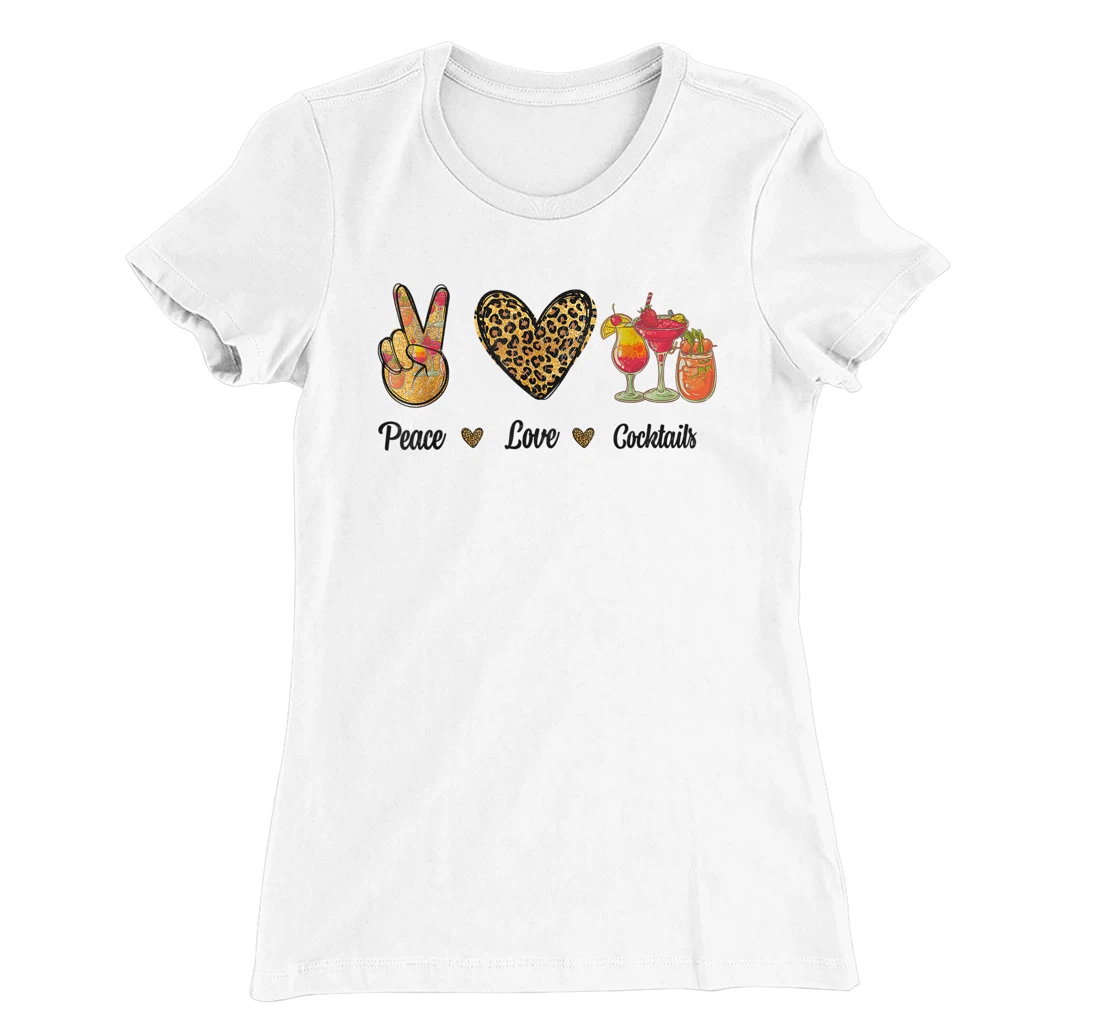Womens Peace Love Cocktails Tropical Juices Drinks Lover Leopard T-Shirt, Women T-Shirt