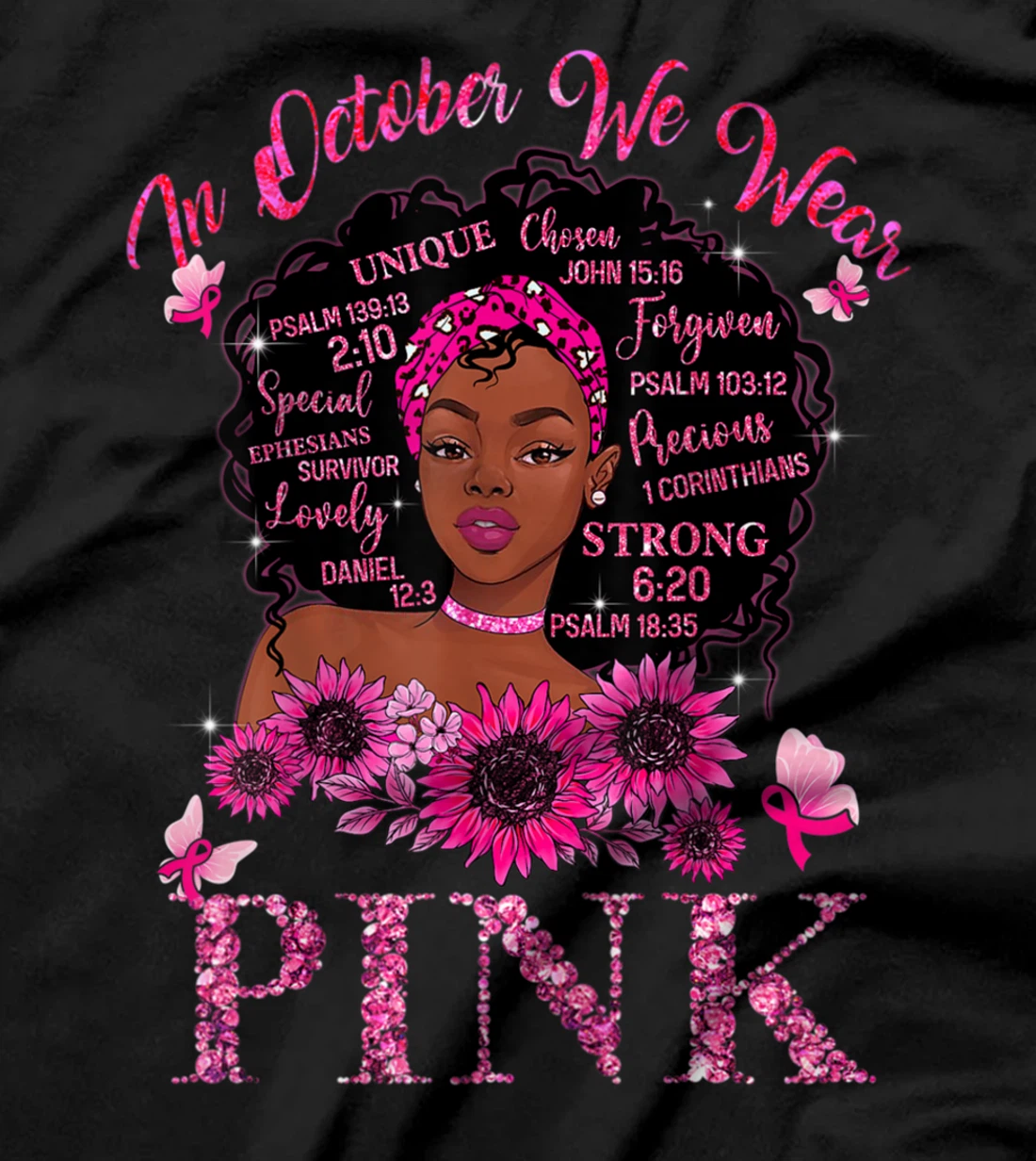 Black Women Queen Stronger Than Breast Cancer Pink Ribbon T-Shirt