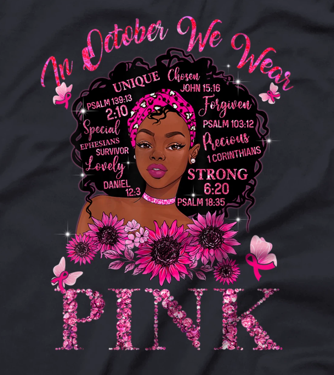 Black Women Queen Stronger Than Breast Cancer Pink Ribbon T-Shirt