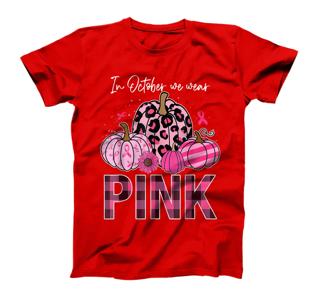 In October We Wear Pink Ribbon Leopard Pumpkin Breast Cancer T-Shirt