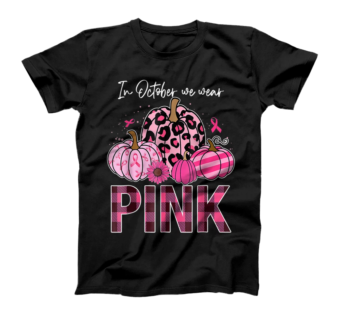In October We Wear Pink Ribbon Leopard Pumpkin Breast Cancer T-Shirt