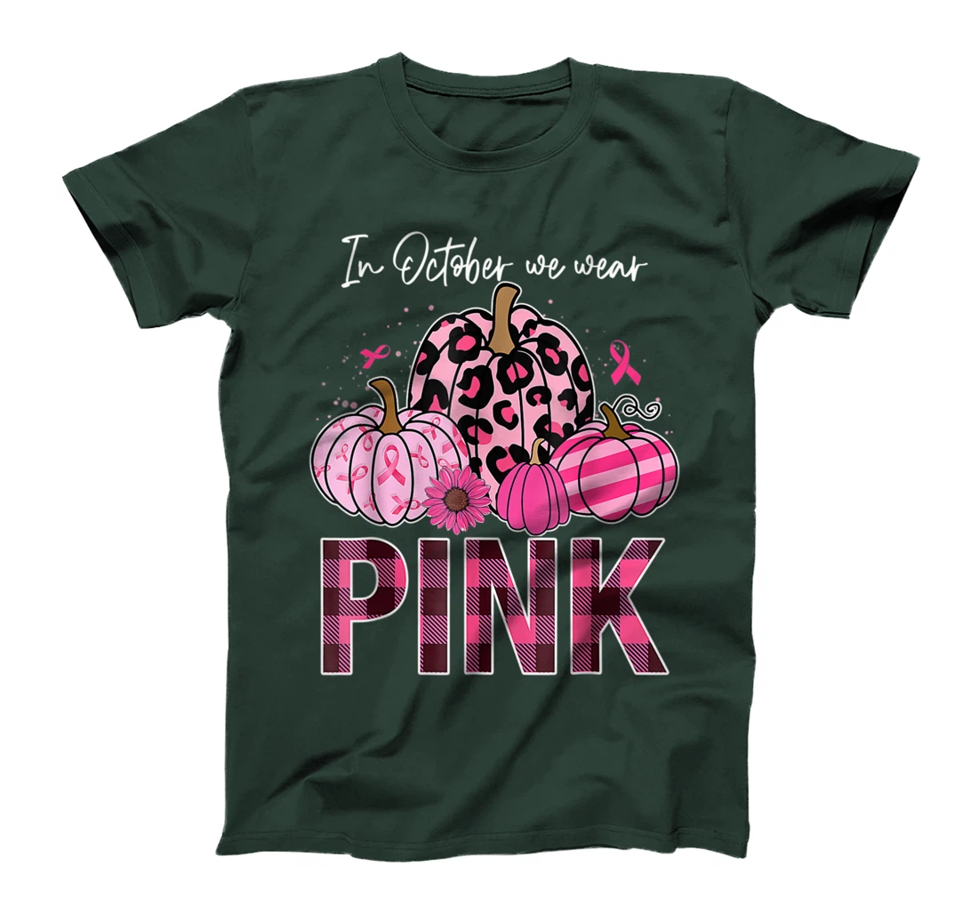 In October We Wear Pink Ribbon Leopard Pumpkin Breast Cancer T-Shirt