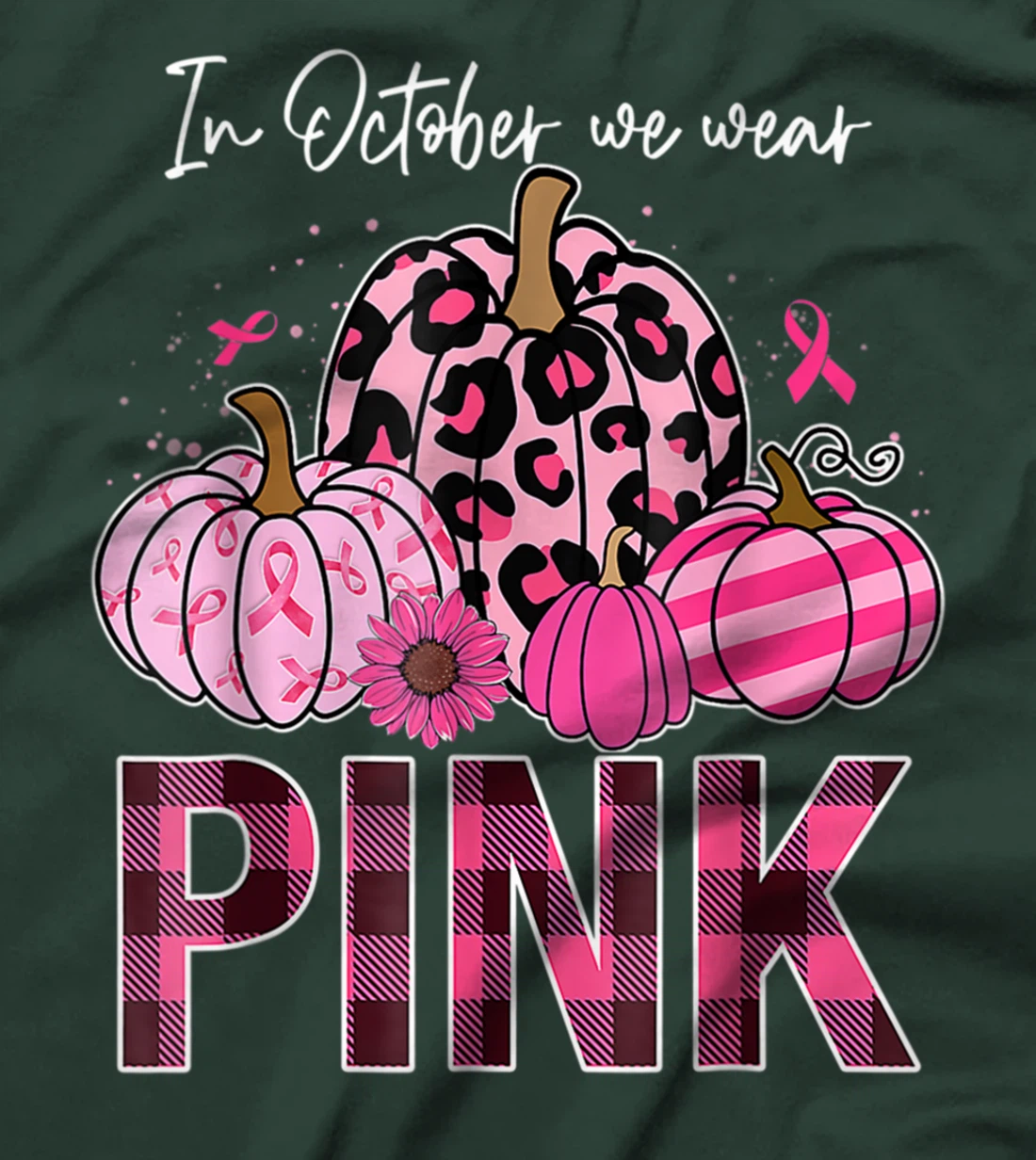 In October We Wear Pink Ribbon Leopard Pumpkin Breast Cancer T-Shirt