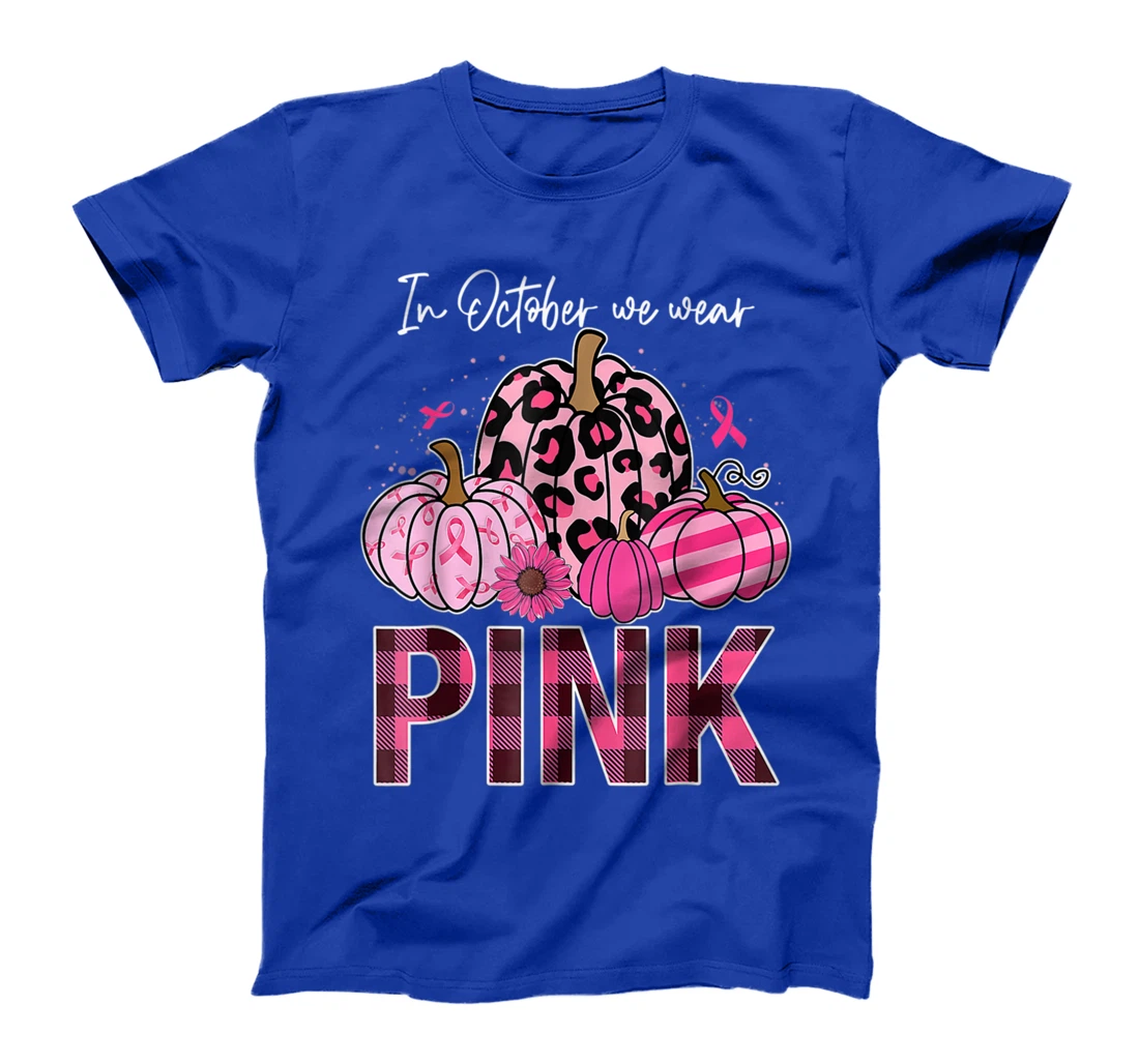 In October We Wear Pink Ribbon Leopard Pumpkin Breast Cancer T-Shirt