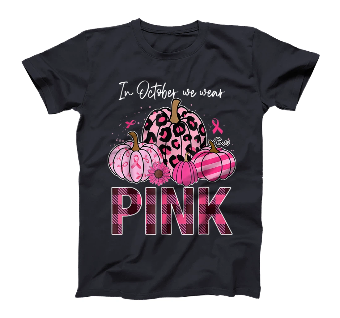 In October We Wear Pink Ribbon Leopard Pumpkin Breast Cancer T-Shirt