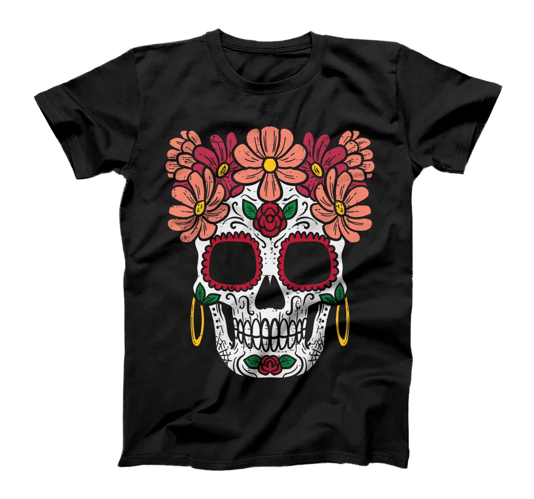 Sugar Skull Flowers Head Calavera Floral Dia De Los Muertos T-Shirt