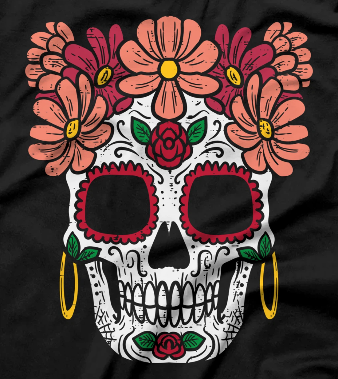 Sugar Skull Flowers Head Calavera Floral Dia De Los Muertos T-Shirt