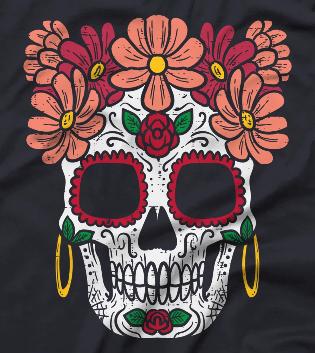Sugar Skull Flowers Head Calavera Floral Dia De Los Muertos T-Shirt