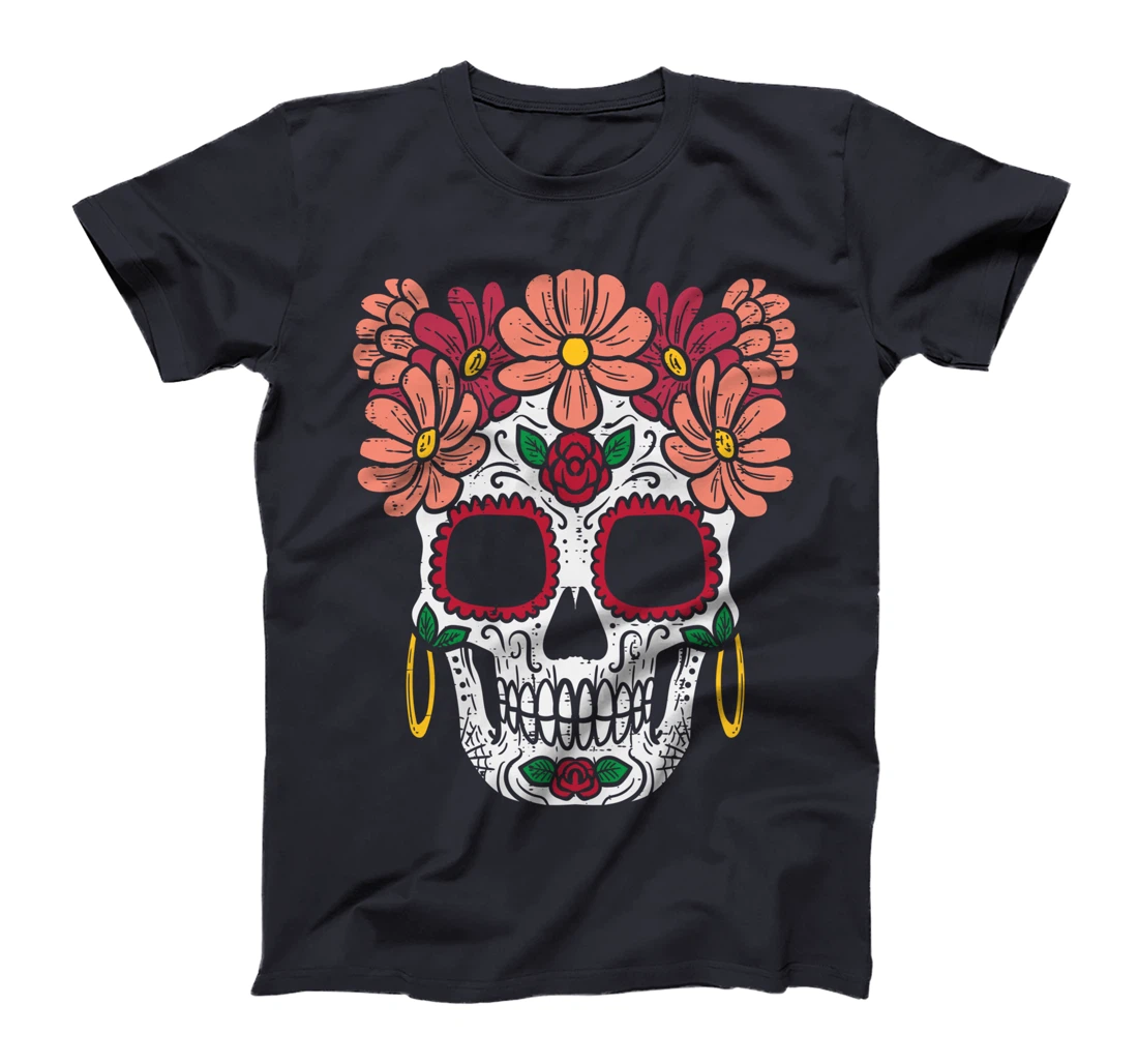 Sugar Skull Flowers Head Calavera Floral Dia De Los Muertos T-Shirt