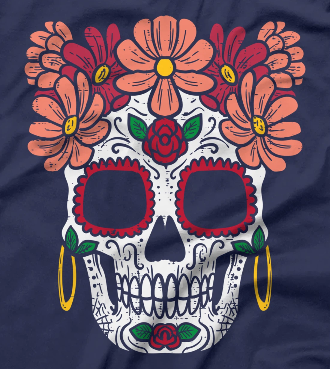 Sugar Skull Flowers Head Calavera Floral Dia De Los Muertos T-Shirt