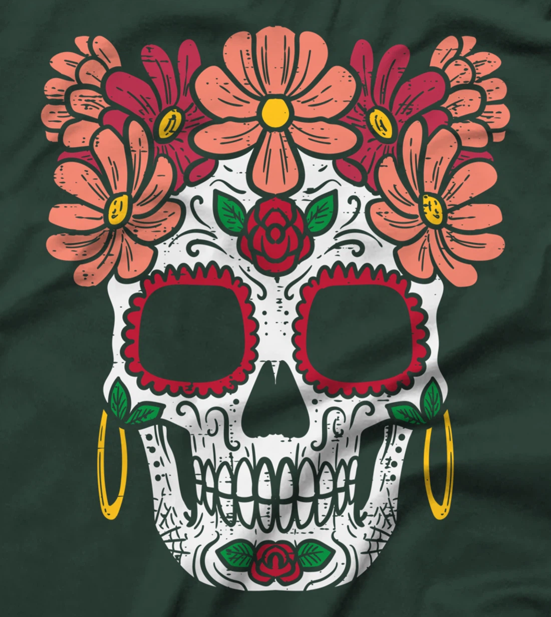 Sugar Skull Flowers Head Calavera Floral Dia De Los Muertos T-Shirt