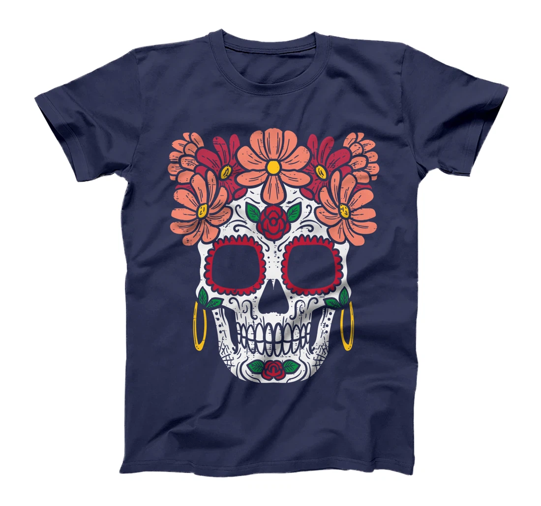 Sugar Skull Flowers Head Calavera Floral Dia De Los Muertos T-Shirt