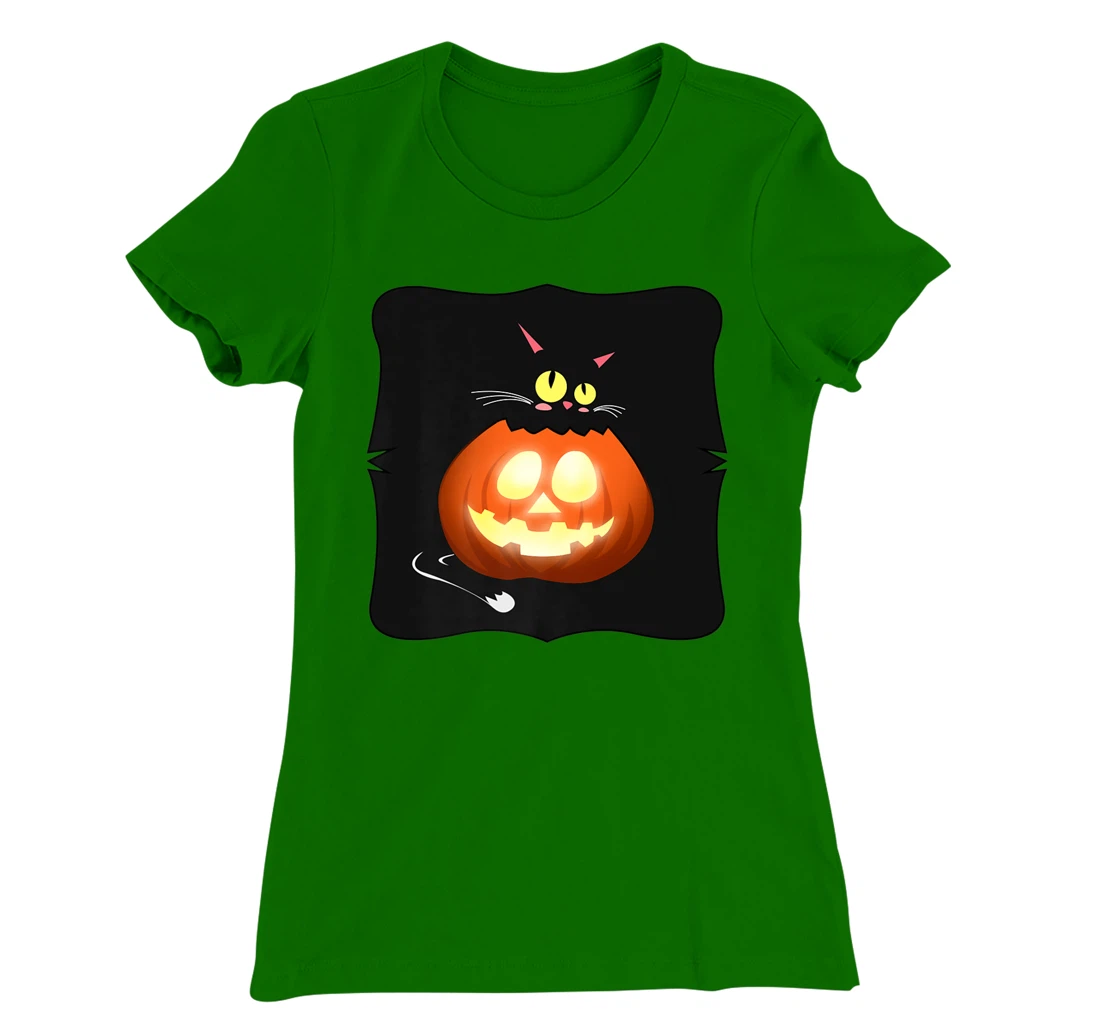 Womens Kawaii Black Cat Pumpkin Head Treat or Trick Costume T-Shirt, Kid T-Shirt and Women T-Shirt
