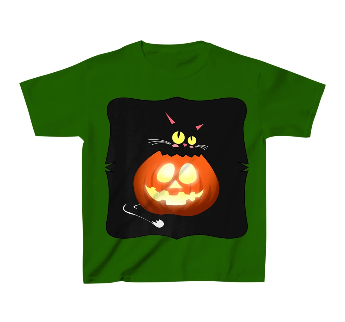 Womens Kawaii Black Cat Pumpkin Head Treat or Trick Costume T-Shirt, Kid T-Shirt and Women T-Shirt