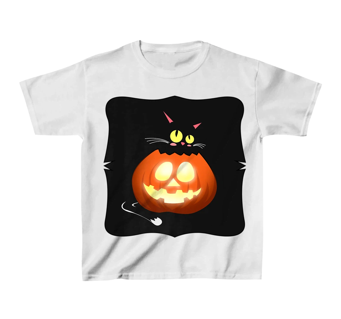 Womens Kawaii Black Cat Pumpkin Head Treat or Trick Costume T-Shirt, Kid T-Shirt and Women T-Shirt
