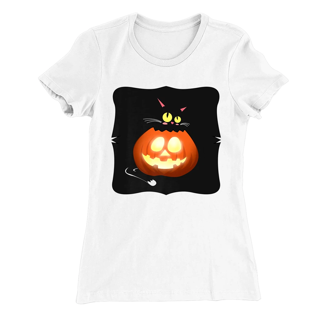 Womens Kawaii Black Cat Pumpkin Head Treat or Trick Costume T-Shirt, Kid T-Shirt and Women T-Shirt