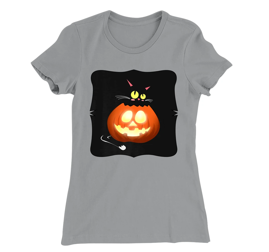 Womens Kawaii Black Cat Pumpkin Head Treat or Trick Costume T-Shirt, Kid T-Shirt and Women T-Shirt