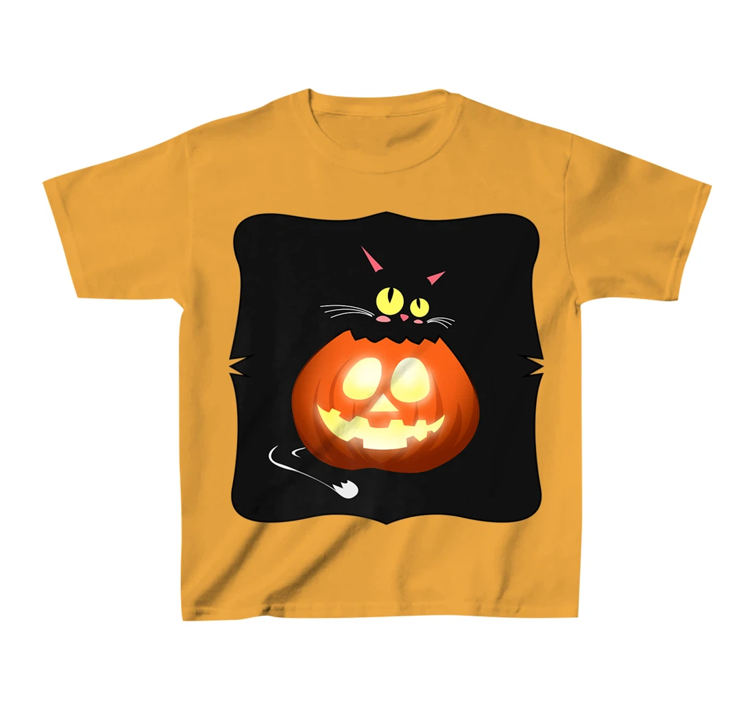 Womens Kawaii Black Cat Pumpkin Head Treat or Trick Costume T-Shirt, Kid T-Shirt and Women T-Shirt