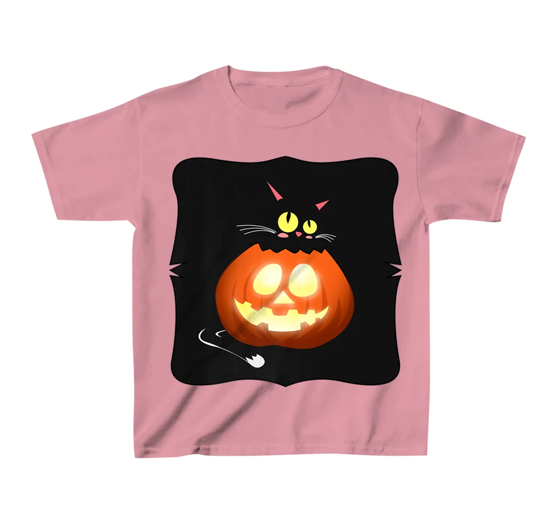 Womens Kawaii Black Cat Pumpkin Head Treat or Trick Costume T-Shirt, Kid T-Shirt and Women T-Shirt