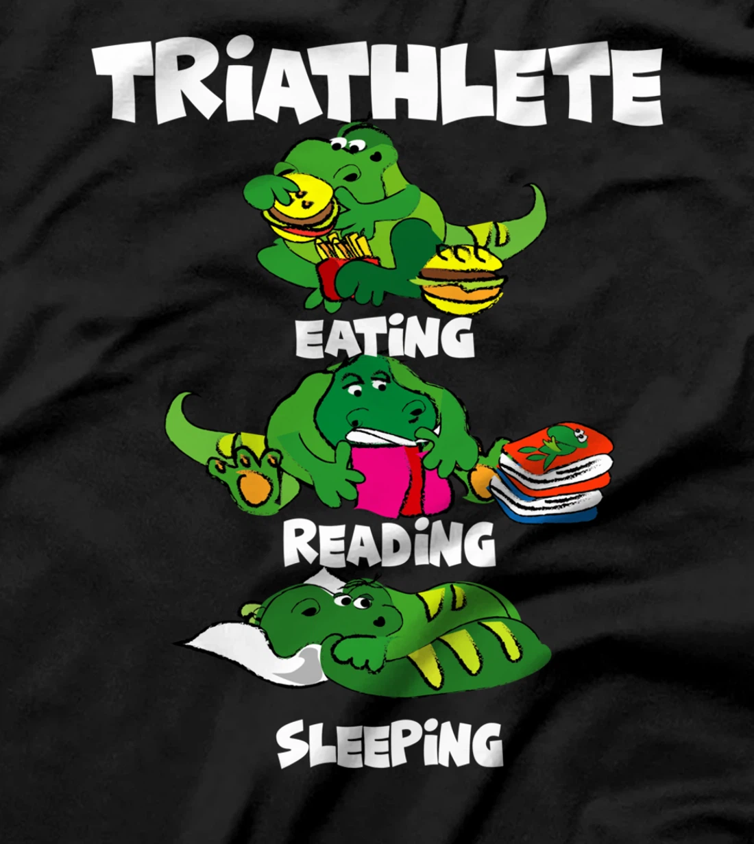 Triathlete Eating Sleeping Reading Funny Dragon Book Design T-Shirt
