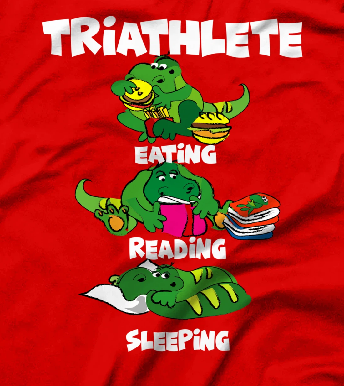 Triathlete Eating Sleeping Reading Funny Dragon Book Design T-Shirt