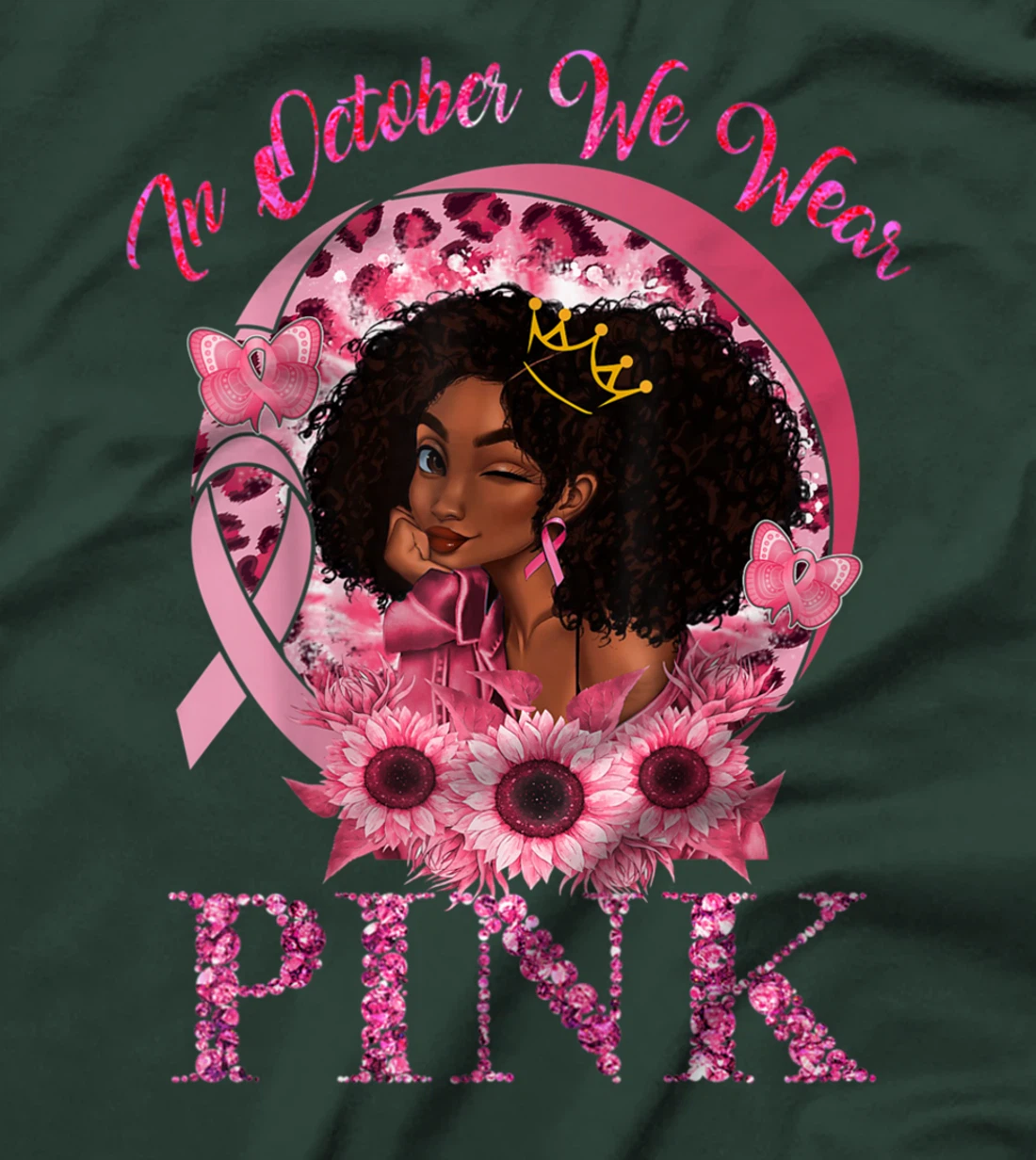 Black Women Queen Stronger Than Breast Cancer Pink Ribbon T-Shirt