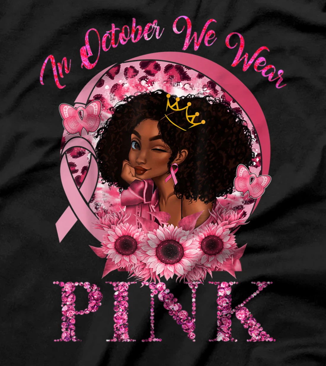Black Women Queen Stronger Than Breast Cancer Pink Ribbon T-Shirt