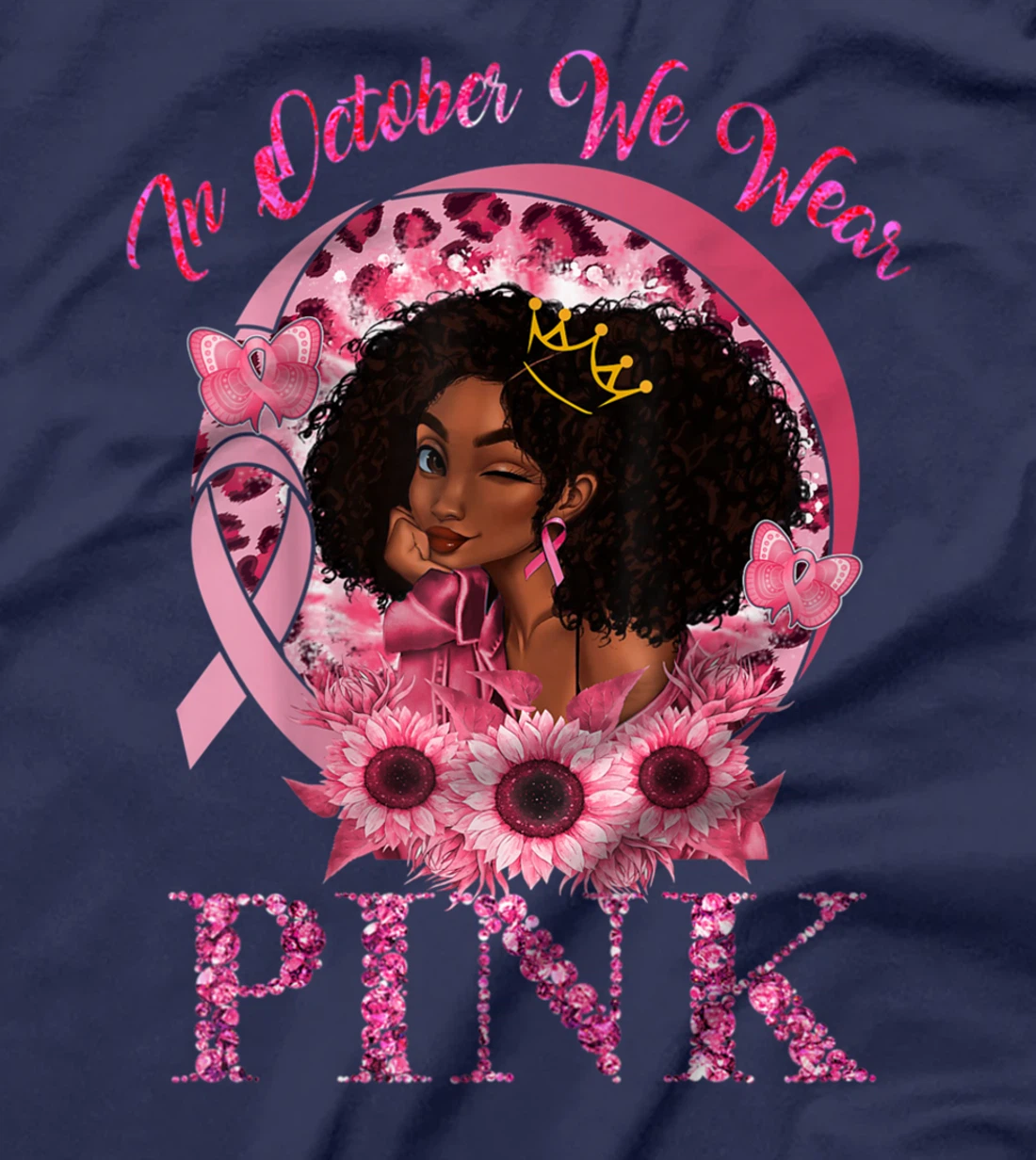 Black Women Queen Stronger Than Breast Cancer Pink Ribbon T-Shirt
