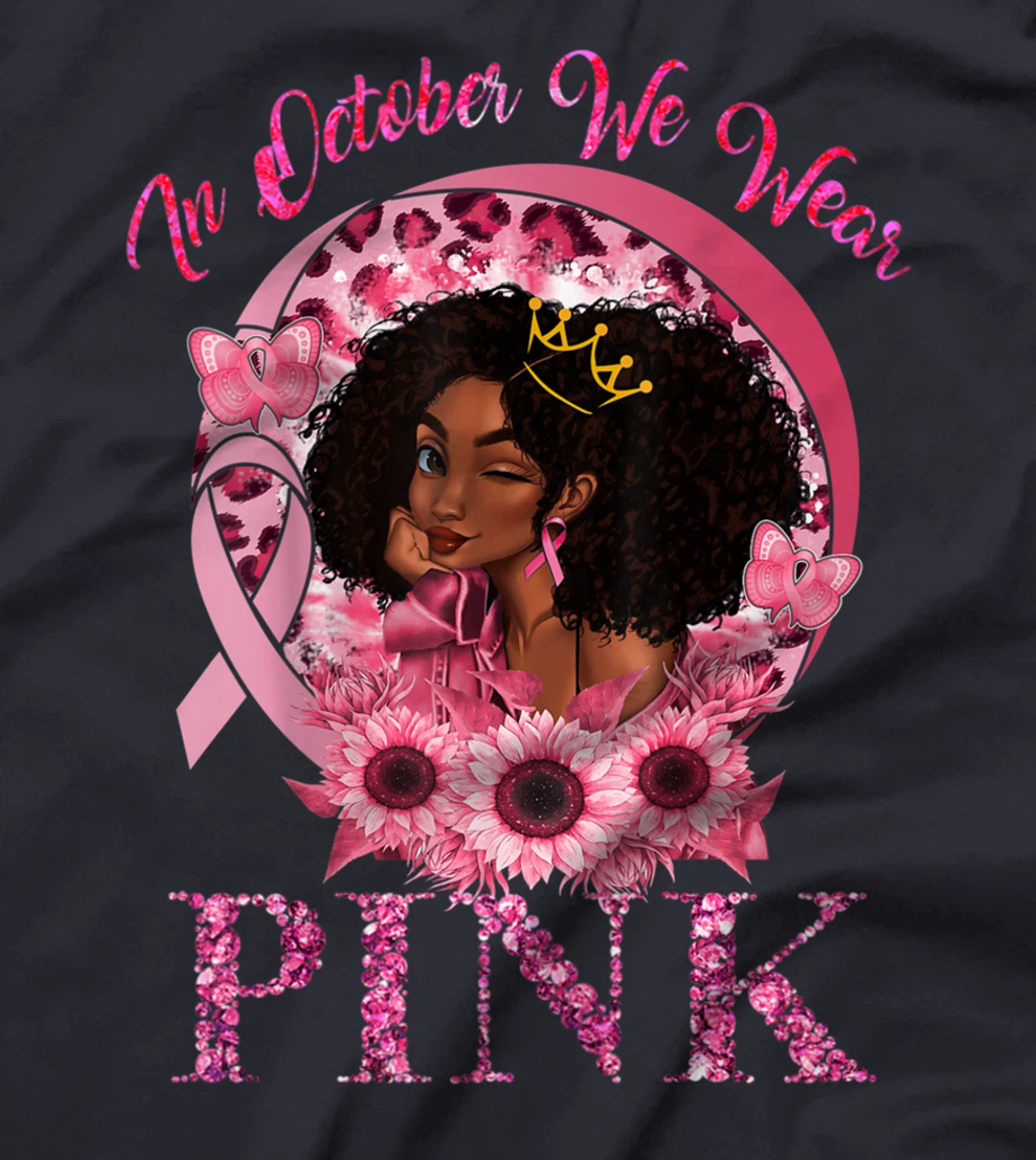 Black Women Queen Stronger Than Breast Cancer Pink Ribbon T-Shirt