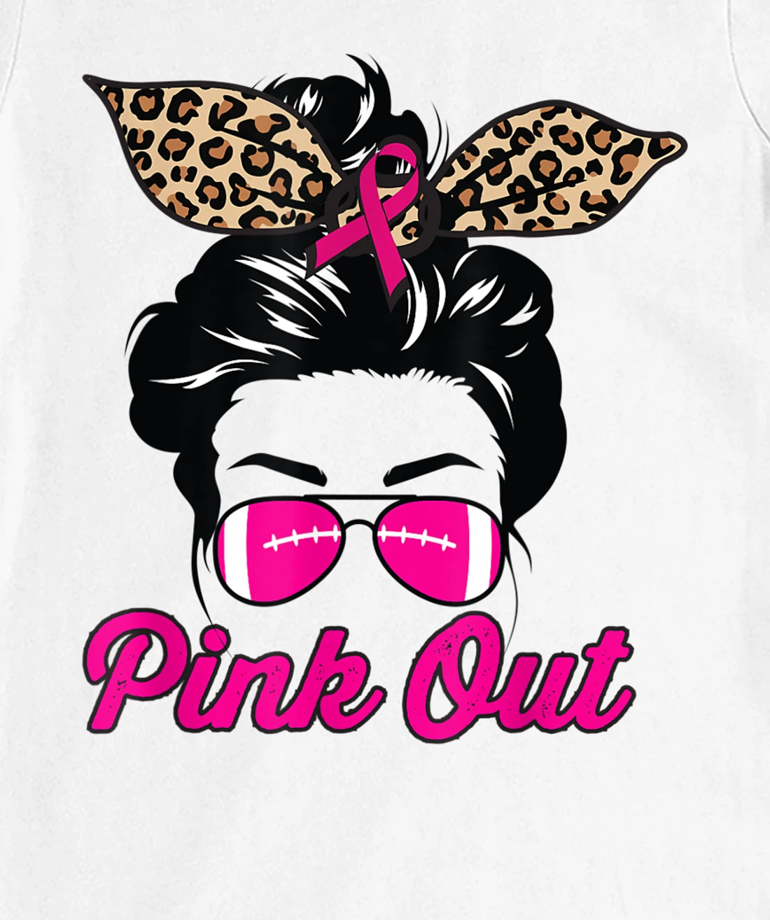 Womens Pink Out Football Mom Leopard Messy Bun Pink Breast Cancer T-Shirt, Kid T-Shirt and Women T-Shirt