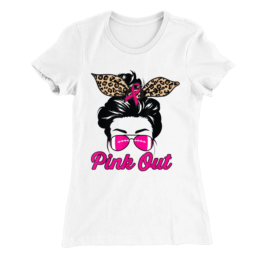 Womens Pink Out Football Mom Leopard Messy Bun Pink Breast Cancer T-Shirt, Kid T-Shirt and Women T-Shirt