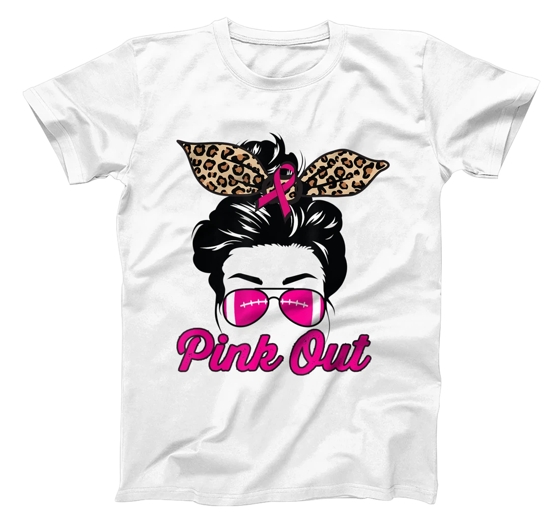 Womens Pink Out Football Mom Leopard Messy Bun Pink Breast Cancer T-Shirt, Kid T-Shirt and Women T-Shirt
