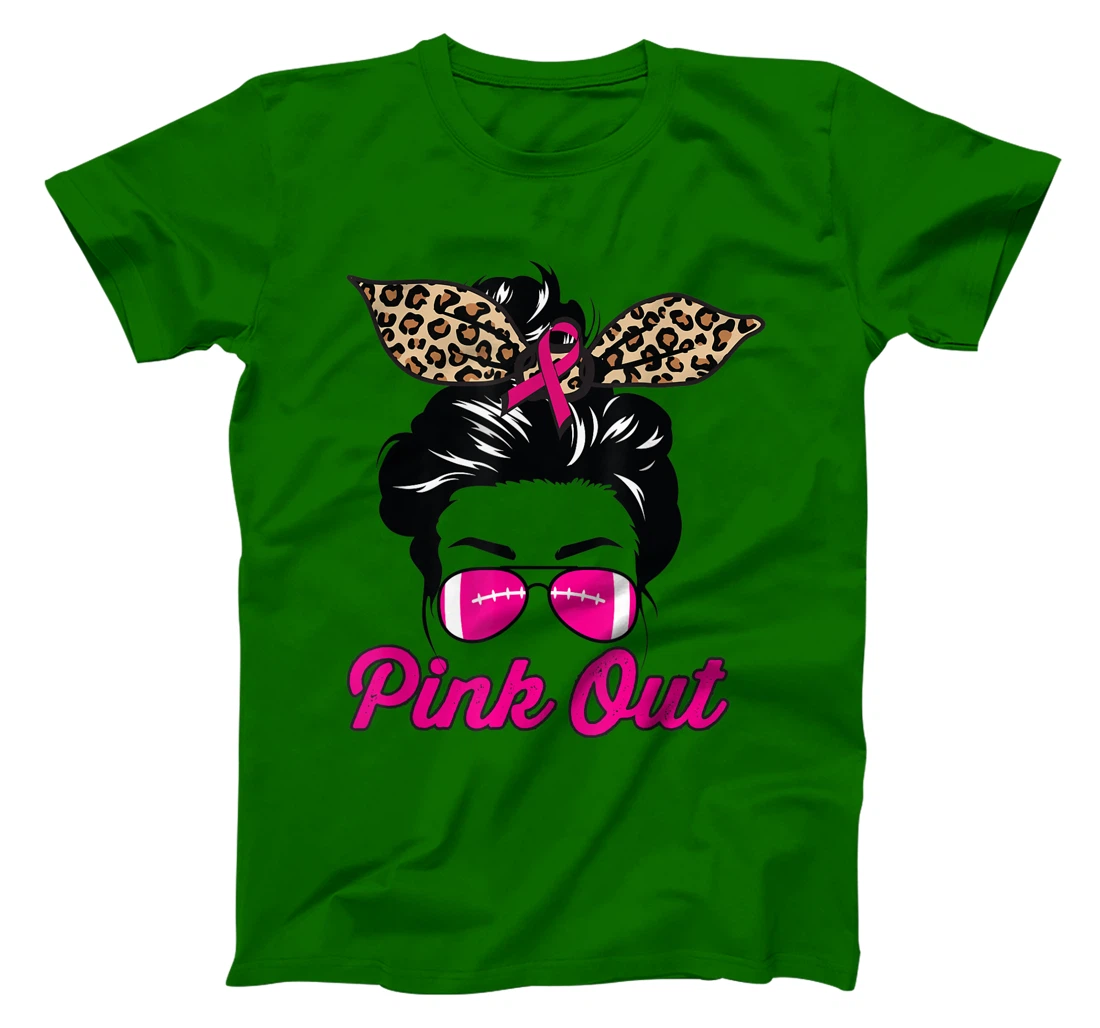 Womens Pink Out Football Mom Leopard Messy Bun Pink Breast Cancer T-Shirt, Kid T-Shirt and Women T-Shirt