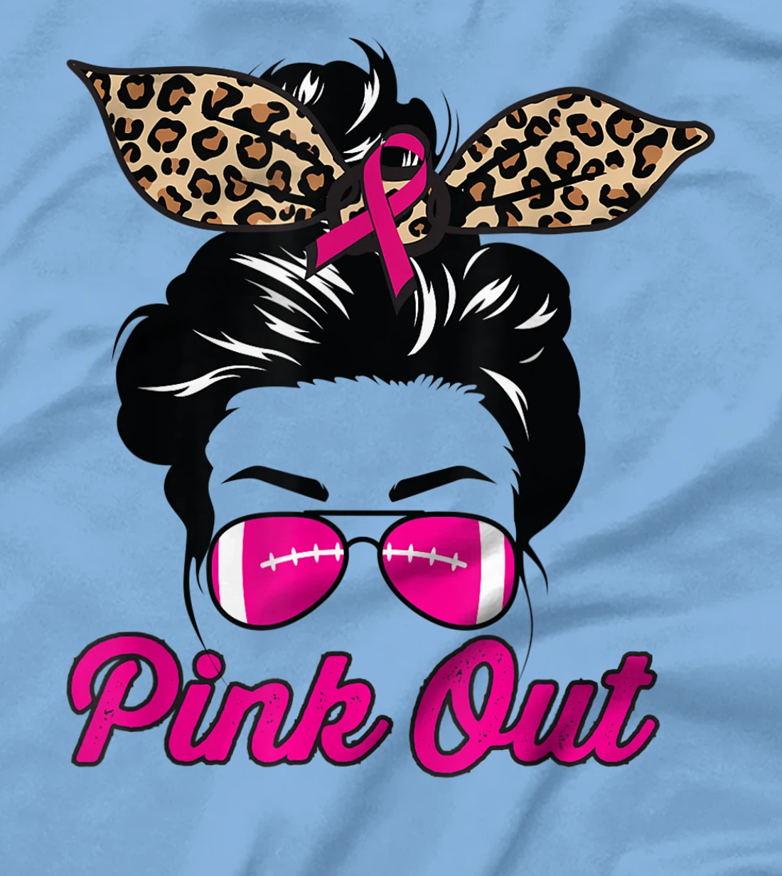 Womens Pink Out Football Mom Leopard Messy Bun Pink Breast Cancer T-Shirt, Kid T-Shirt and Women T-Shirt