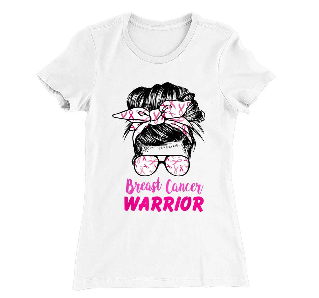 Womens Breast Cancer Warrior with messy bun breast cancer survivor T-Shirt, Kid T-Shirt and Women T-Shirt