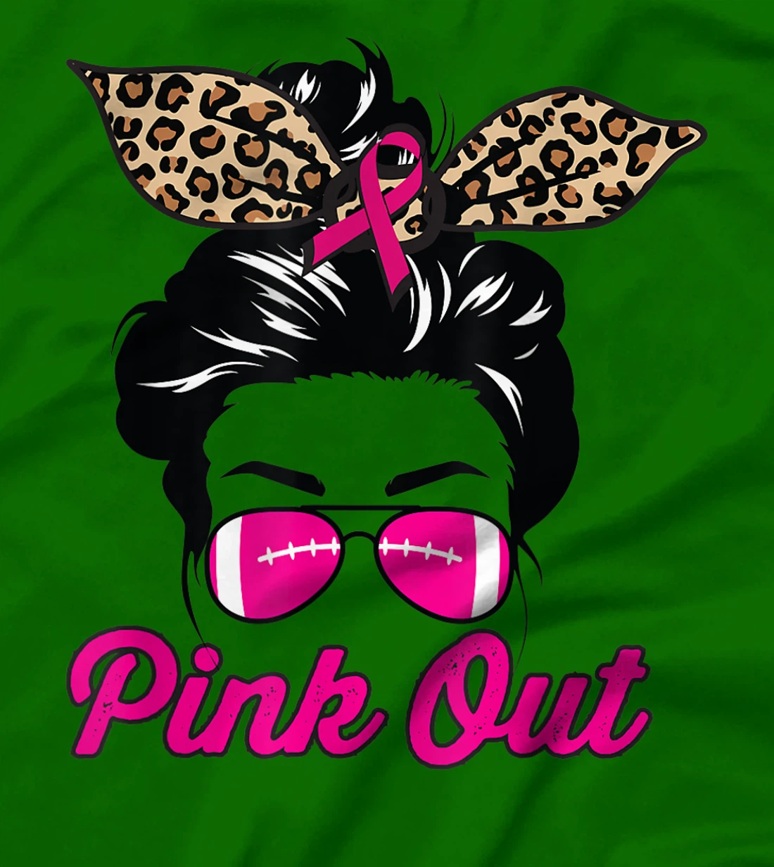 Womens Pink Out Football Mom Leopard Messy Bun Pink Breast Cancer T-Shirt, Kid T-Shirt and Women T-Shirt