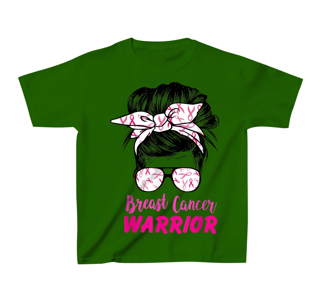 Womens Breast Cancer Warrior with messy bun breast cancer survivor T-Shirt, Kid T-Shirt and Women T-Shirt