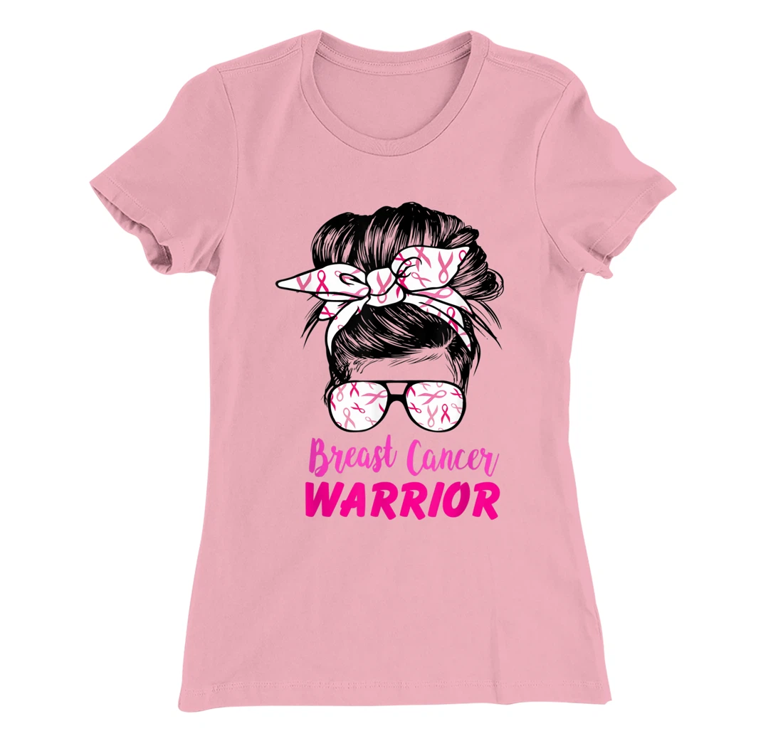 Womens Breast Cancer Warrior with messy bun breast cancer survivor T-Shirt, Kid T-Shirt and Women T-Shirt