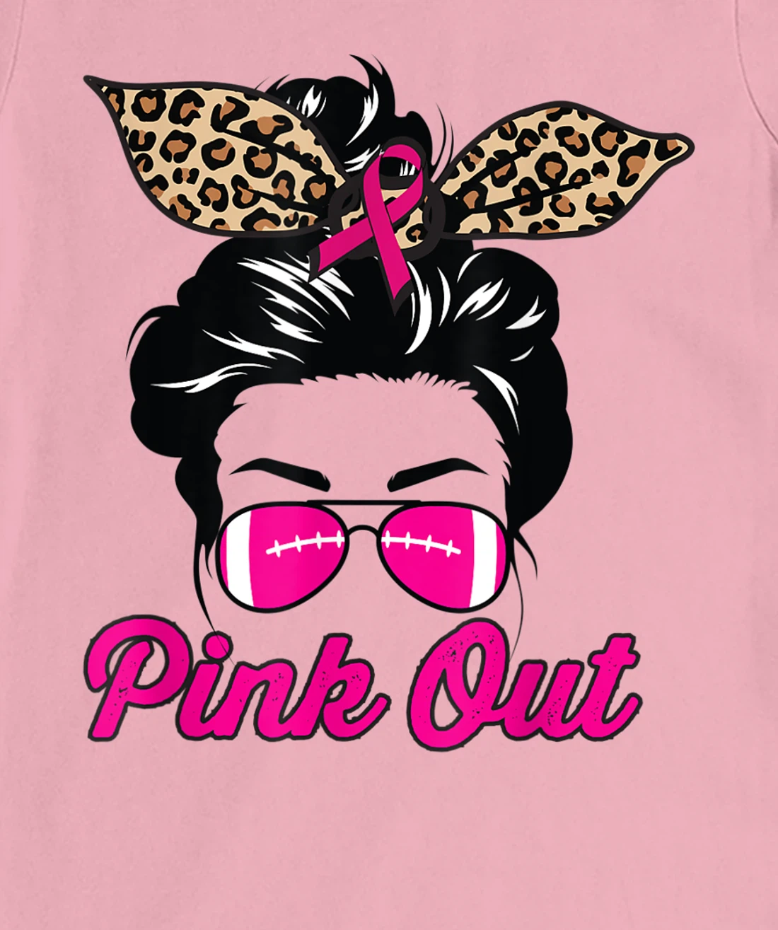 Womens Pink Out Football Mom Leopard Messy Bun Pink Breast Cancer T-Shirt, Kid T-Shirt and Women T-Shirt