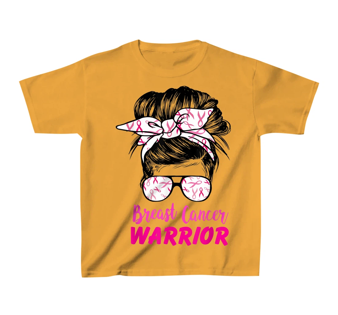 Womens Breast Cancer Warrior with messy bun breast cancer survivor T-Shirt, Kid T-Shirt and Women T-Shirt