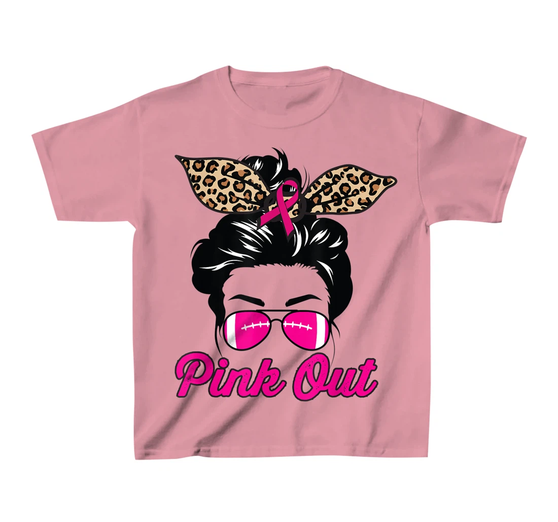 Womens Pink Out Football Mom Leopard Messy Bun Pink Breast Cancer T-Shirt, Kid T-Shirt and Women T-Shirt