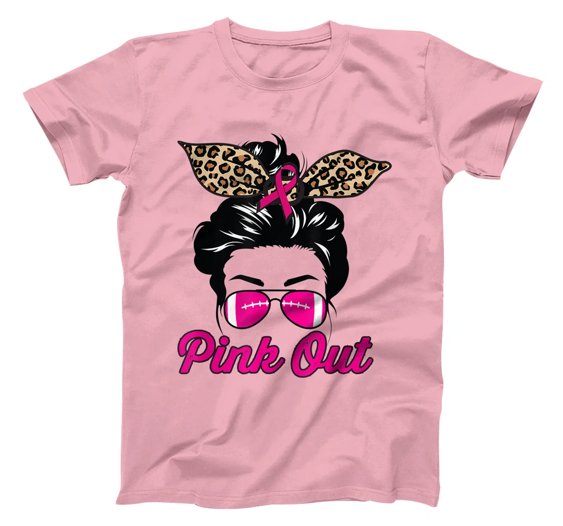Womens Pink Out Football Mom Leopard Messy Bun Pink Breast Cancer T-Shirt, Kid T-Shirt and Women T-Shirt