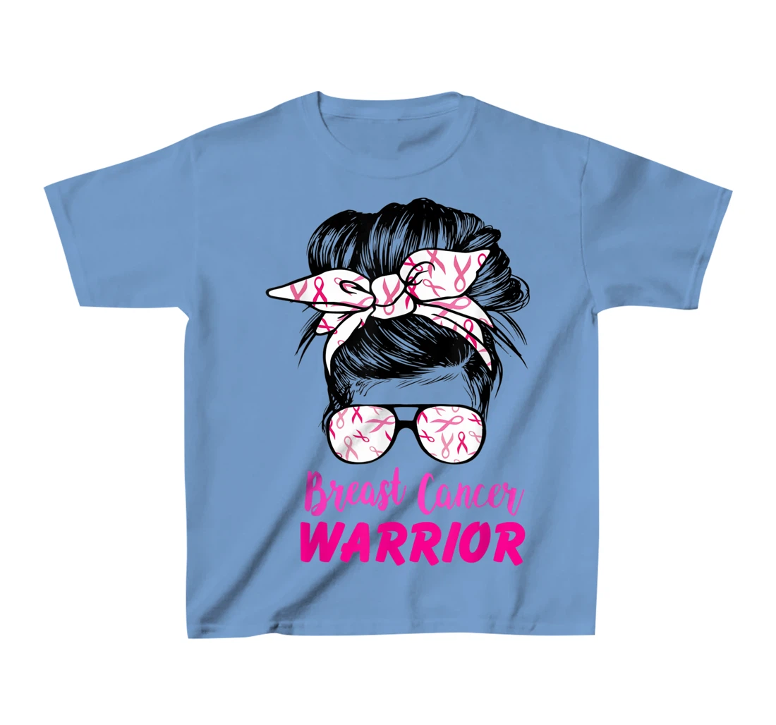 Womens Breast Cancer Warrior with messy bun breast cancer survivor T-Shirt, Kid T-Shirt and Women T-Shirt